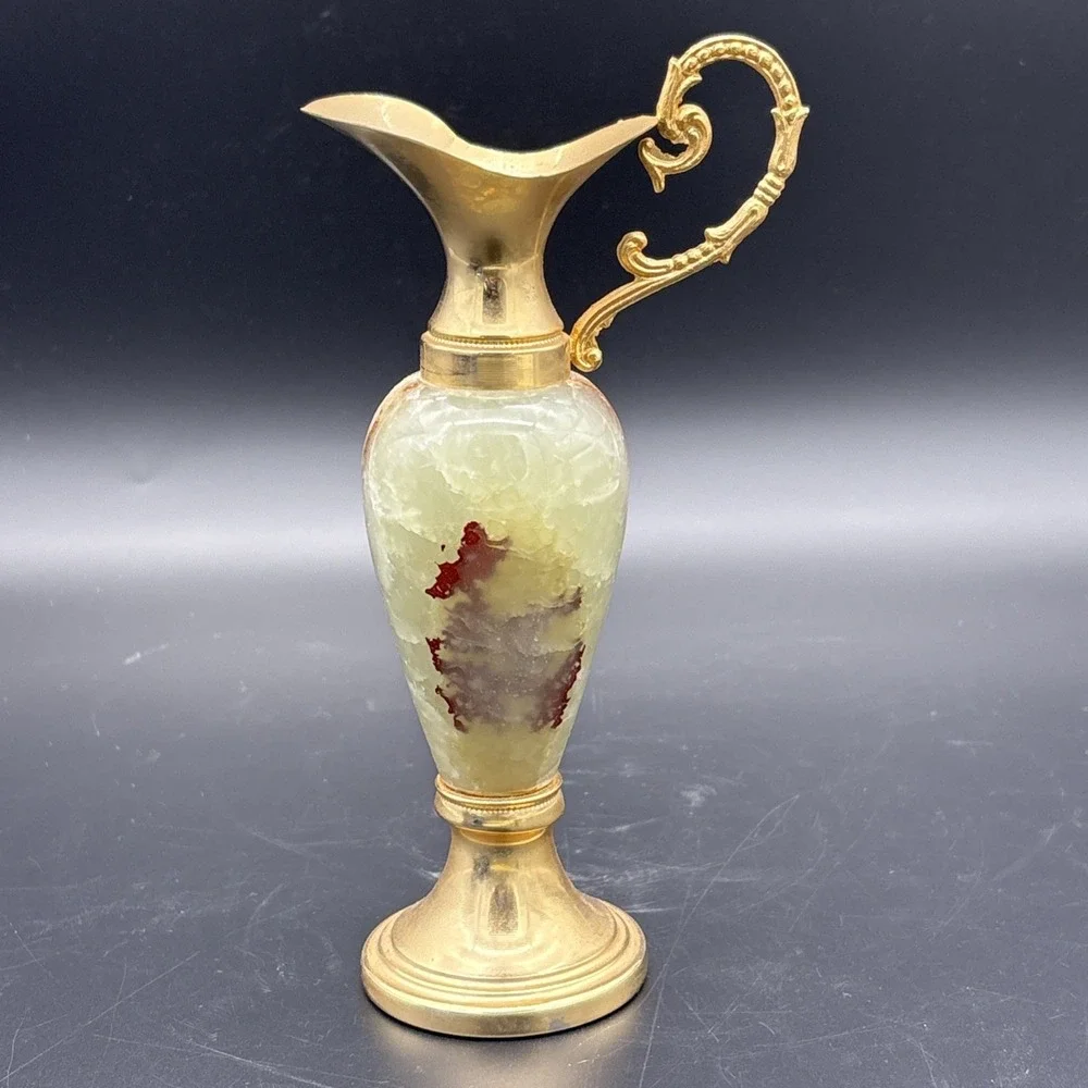 Vintage Mid-Century Italian Banded Onyx & Brass Miniature Ewer - Made in Italy